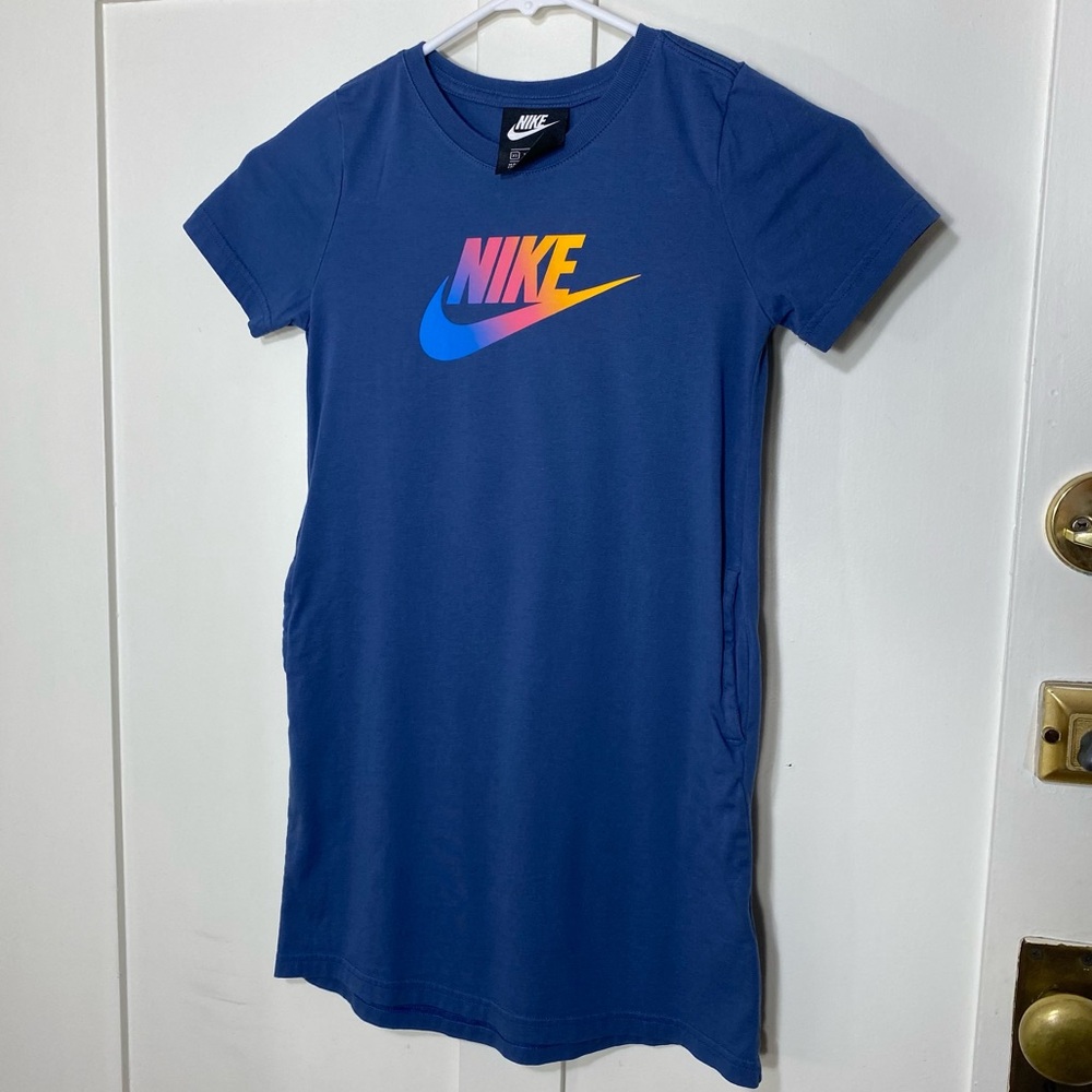 Nike Sportswear Blue Girls T-Shirt Pocket Dress Futura Logo XS